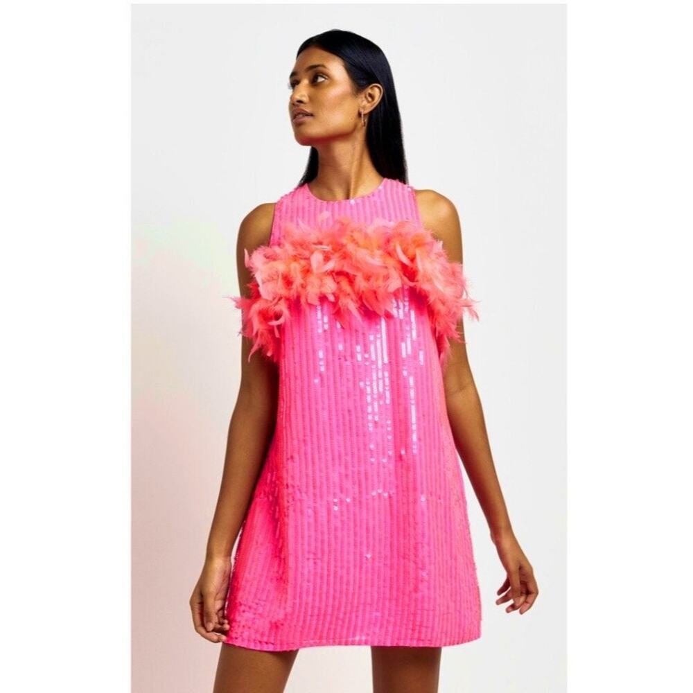 River Island Feather Detail Sequin Shift Mini Dress Pink Size 38 / US 8 NWT